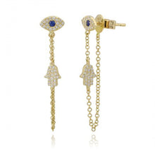 Load image into Gallery viewer, Pave Evil Eye & Hamsa Chain Earrings