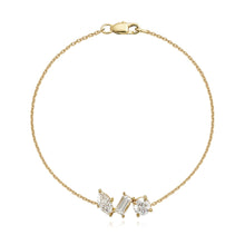 Load image into Gallery viewer, Sparkling three multi-shape diamond bracelet in 14k gold, modern luxury diamond jewelry, fine jewelry online.