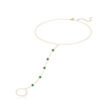 Load image into Gallery viewer, Five round bezel gemstones hand chain in 14k gold, vibrant colors in luxury jewelry style.