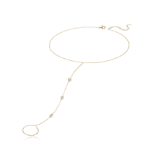 Load image into Gallery viewer, Three bezel diamond hand chain in 14k gold, dainty and elegant luxury diamond jewelry.