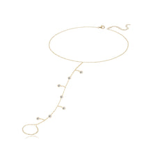 Load image into Gallery viewer, Seven dangling diamond bezel hand chain in 14k gold, a sparkly fine gold jewelry statement.