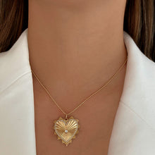 Load image into Gallery viewer, Gold Striped Pave Heart Medallion Charm