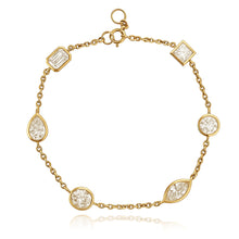 Load image into Gallery viewer, Luxury multi-shape bezel diamond bracelet in 14k gold, elegant fine jewelry online, and modern gold jewelry.