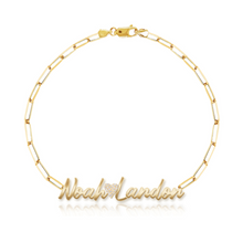 Load image into Gallery viewer, Two name cutout paperclip bracelet with charm in 14k gold, luxury personalized jewelry.
