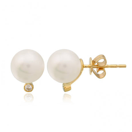 Pearl and Small Solitaire Bezel Diamond Earrings