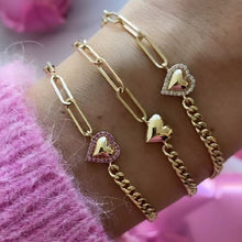 Load image into Gallery viewer, Puffy Gold Heart Half Cuban & Paperclip Bracelet