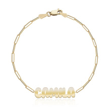 Load image into Gallery viewer, Cutout name paperclip bracelet in 14k gold, perfect personalized jewelry gift.