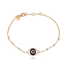 Load image into Gallery viewer, Elegant evil eye bezel bracelet in 14k gold, affordable luxury jewelry, buy fine jewelry online.