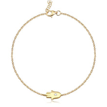 Load image into Gallery viewer, Spiritual gold Hamsa bracelet with diamond center, crafted in 14k gold, luxury fine jewelry.