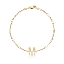 Load image into Gallery viewer, Mini pavé initial paperclip bracelet in 14k gold, perfect for custom jewelry for women.
