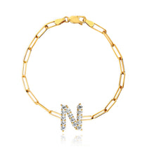 Load image into Gallery viewer, Medium paperclip bracelet with large diamond initial in 14k gold, luxury fine jewelry.