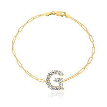 Load image into Gallery viewer, Large diamond initial small paperclip bracelet in 14k gold, a luxury diamond jewelry statement piece.