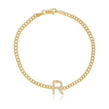 Load image into Gallery viewer, Pavé Initial Flat Cuban Bracelet in 14k gold, personalized jewelry with luxury diamond details.