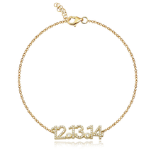 Load image into Gallery viewer, Pavé date bracelet in 14k gold, personalized luxury jewelry with custom date engraving.