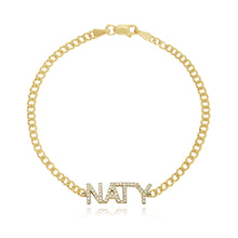 Load image into Gallery viewer, Pavé Name Flat Cuban Bracelet in 14k gold, bold personalized jewelry with luxury diamond style.