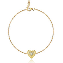 Load image into Gallery viewer, Elegant striped heart bracelet with center diamond in 14k gold, romantic fine jewelry, luxury timeless design.