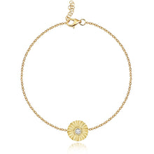 Load image into Gallery viewer, Modern striped round bracelet with sparkling center diamond in 14k gold, everyday fine jewelry, and an elegant luxury piece.