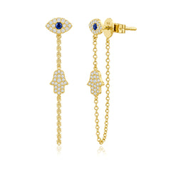 Pave Evil Eye & Hamsa Chain Earrings