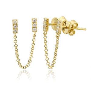 Double Diamond Bar Stud Chain Earrings