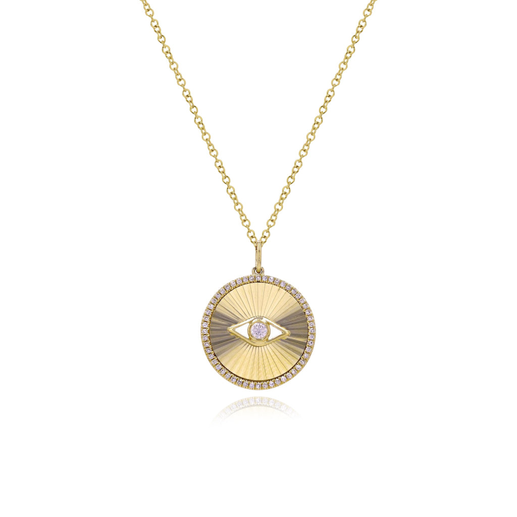 Medium Fluted Disc Evil Eye Pave  Necklace