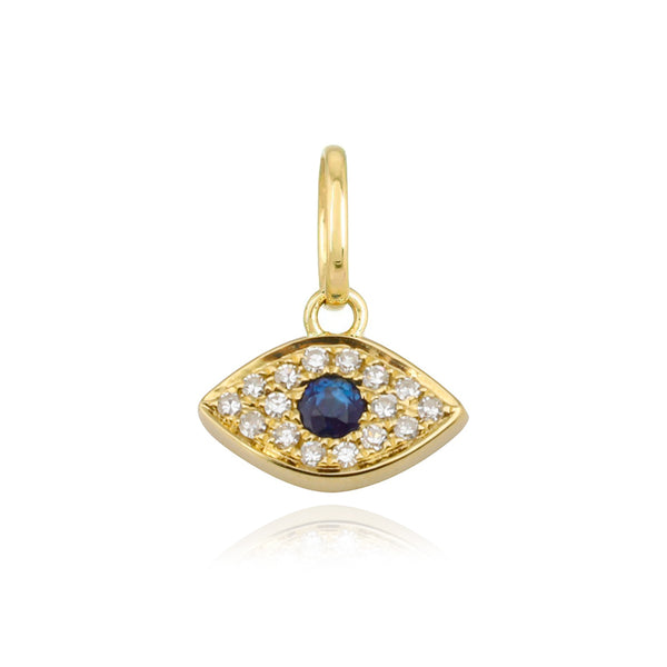 Evil eye mini charm, elegant design in 14k gold, perfect for layering and protective jewelry style.
