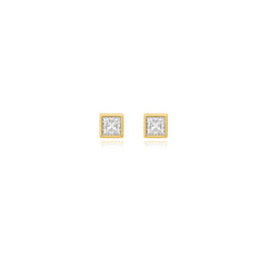 Princess-cut bezel-set lab-grown diamond stud earrings in 14K yellow gold, 2.5 carats total weight