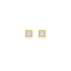 Princess-cut bezel-set lab-grown diamond stud earrings in 14K yellow gold, 3.5 carats total weight