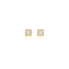 Princess-cut bezel-set lab-grown diamond stud earrings in 14K yellow gold, 3 carats total weight