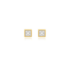 Princess-cut bezel-set lab-grown diamond stud earrings in 14K yellow gold, 4 carats total weight