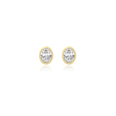 Oval-cut bezel-set lab-grown diamond stud earrings in 14K yellow gold, 6 carats total weight