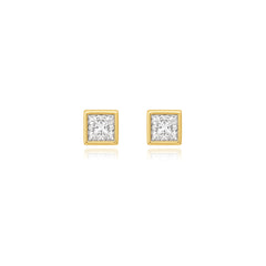 Princess-cut bezel-set lab-grown diamond stud earrings in 14K yellow gold, 6 carats total weight