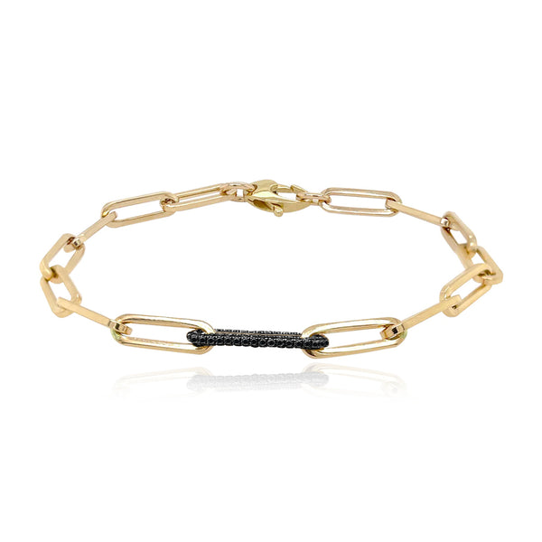 14k gold all-around black diamond link paperclip bracelet, timeless fine jewelry.