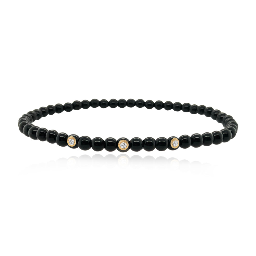 Small Onyx Bead and Three Diamond Men Bracelet