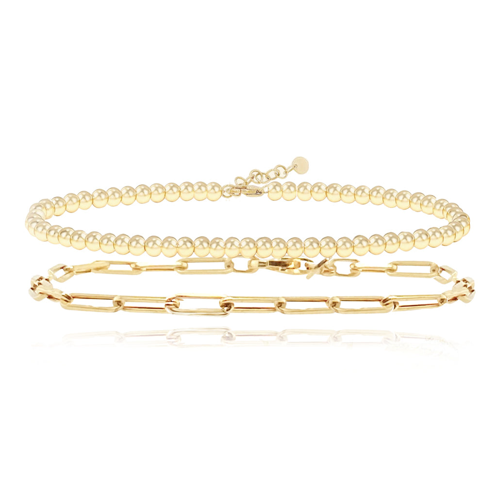 Gold Beaded Anklet + Medium Paperclip Anklet
