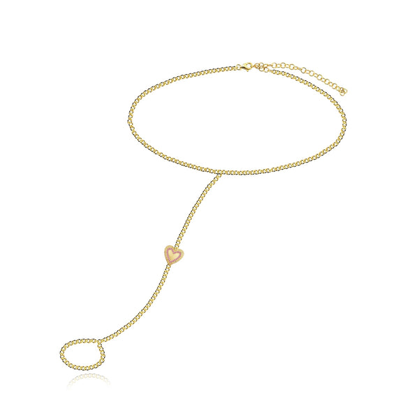 Fluted Pink Sapphire Outline Heart Cuban Hand Chain