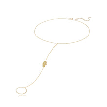 Load image into Gallery viewer, Hamsa single diamond hand chain in 14k gold, spiritual and protective fine jewelry design.
