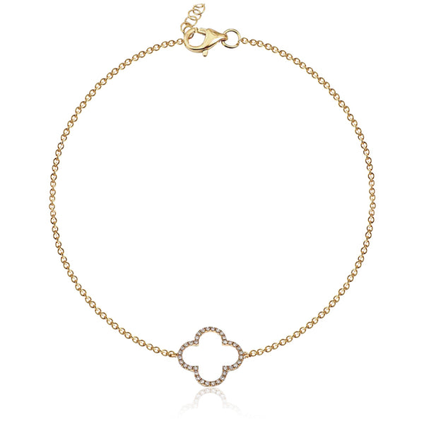 Dainty pavé flower cutout bracelet in 14k gold, elegant luxury diamond jewelry, fine gold design.