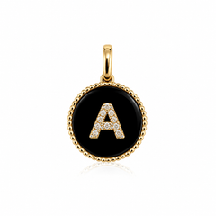 Diamond Initial Round Stone Charm in 14k yellow gold with black onyx and pavé diamond letter A