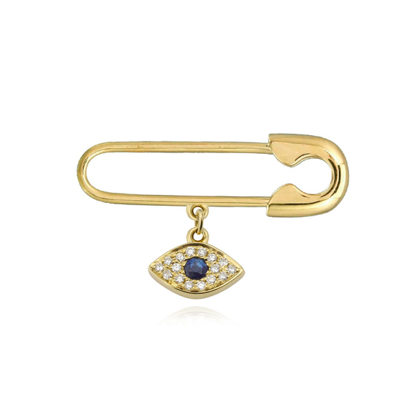 Gold Safety Pin with Pave Evil Eye