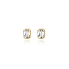 Emerald-cut bezel-set lab-grown diamond stud earrings in 14K yellow gold, 6 carats total weight