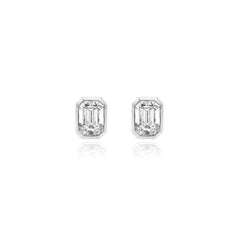 Emerald-cut bezel-set lab-grown diamond stud earrings in 14K white gold, 8 carats total weight
