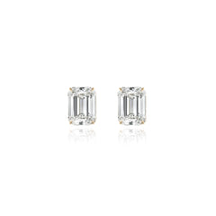Emerald-cut prong-set lab-grown diamond stud earrings in 14K yellow gold, 8 carats total weight