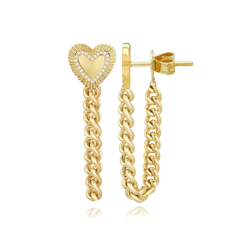 Fluted Pave Outline Heart Cuban Chain Earrings
