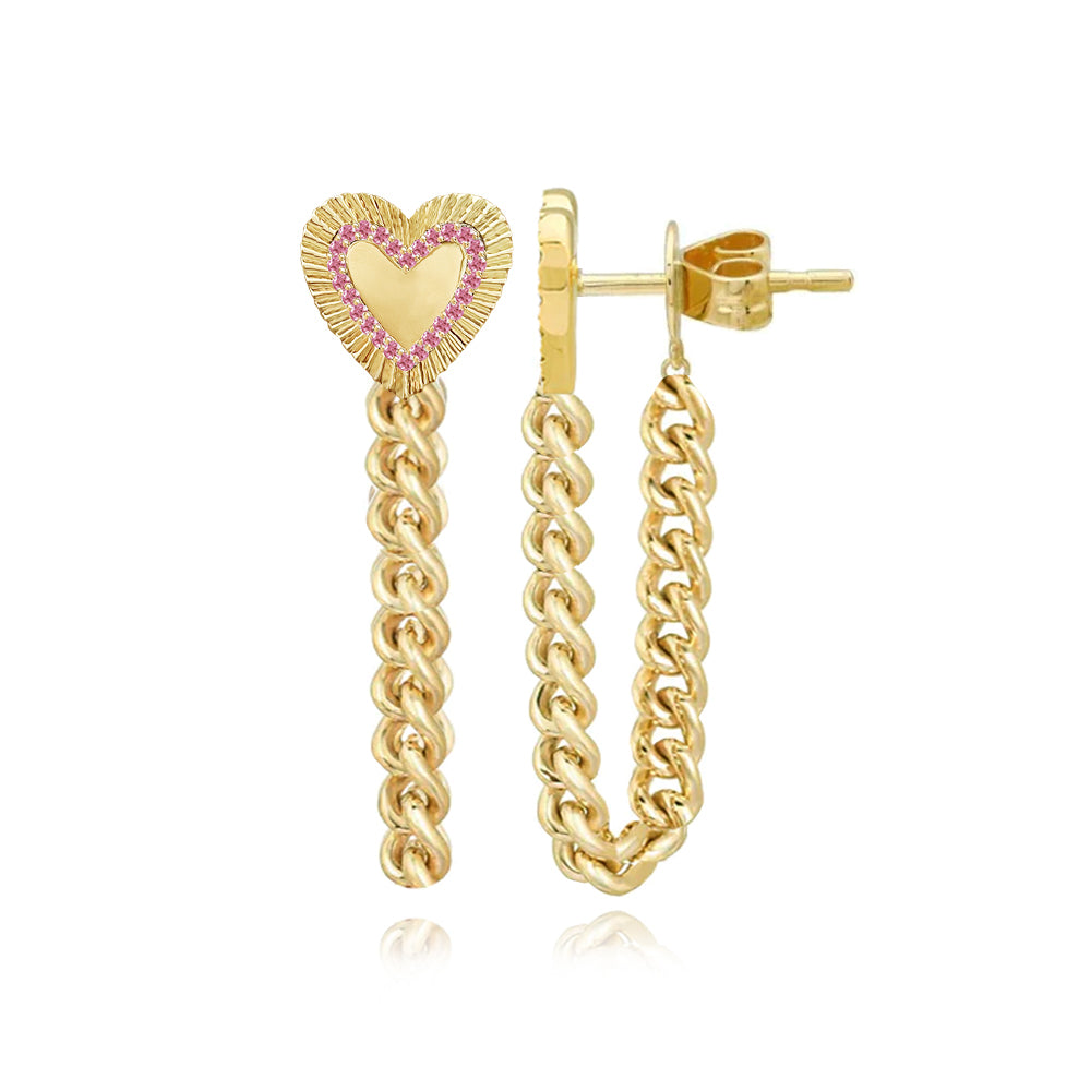 Fluted Pink Sapphire Outline Heart Cuban Chain Earrings