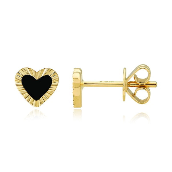 Small Fluted Outline Stone Heart Studs with elegant heart-shaped gemstones and textured golden outline frame