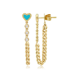 Fluted Outline Stone Heart Cuban Chain Earring