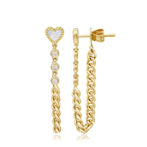 Fluted Outline Stone Heart Cuban Chain Earring