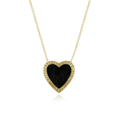 Large fluted outline stone heart pendant necklace in 14K yellow gold, black onyx stone