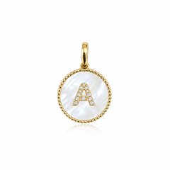Diamond Initial Round Stone Charm in 14k yellow gold with white mother of pearl and pavé diamond letter A