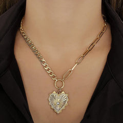 Gold Striped Pave Heart Medallion Charm